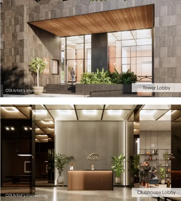 Assetz Zen and Sato Apartment tower lobby and clubhouse lobby by Assetz Property Group located at Yelahanka, Bagalur Main Road, Sathanur, next to SH 104, Bangalore Karnataka